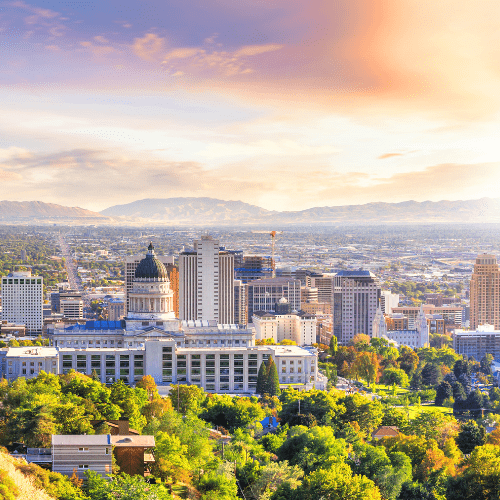 Aerial view of Salt Lake City Utah skyline with Wasatch mountains