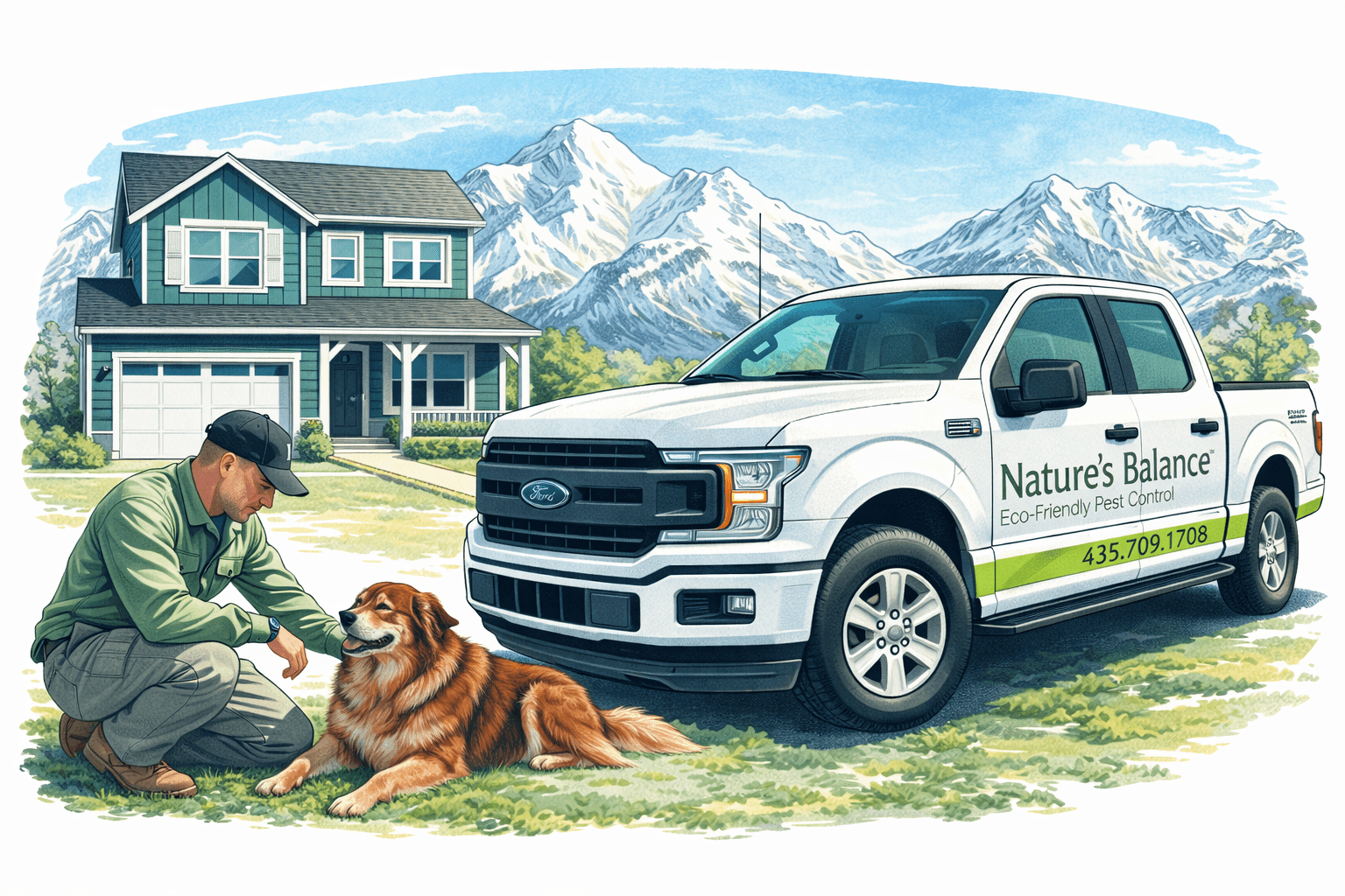 Nature's Balance Service Expert petting a customer's dog beside the company truck outside a Utah home